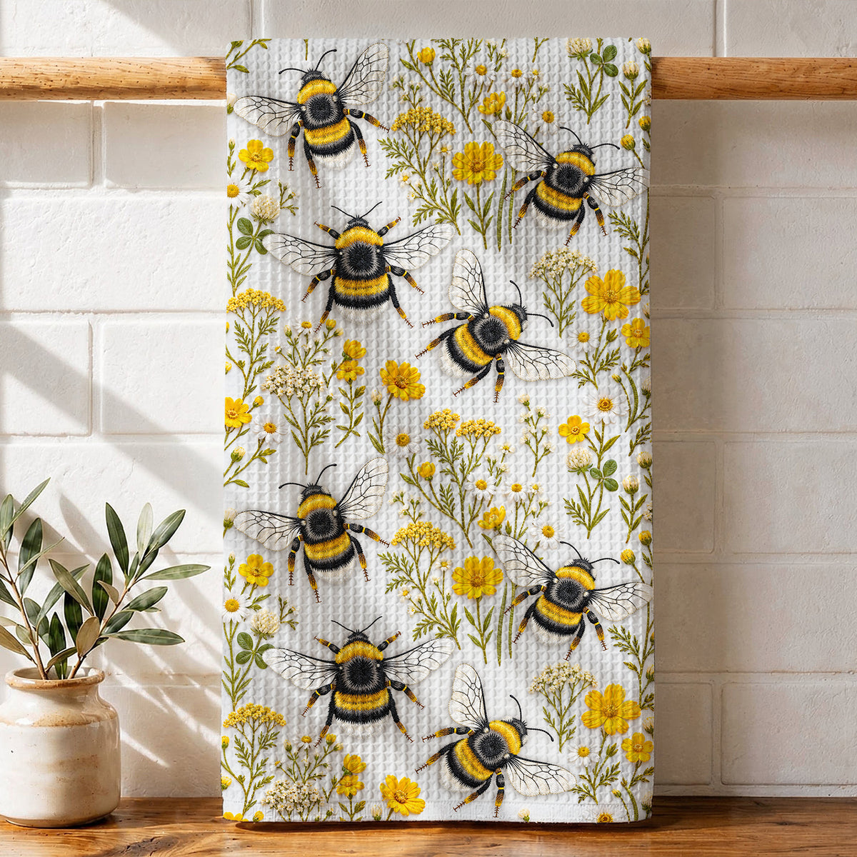 Bee Kitchen Towel Golden Bumblebees & Wildflower Meadow