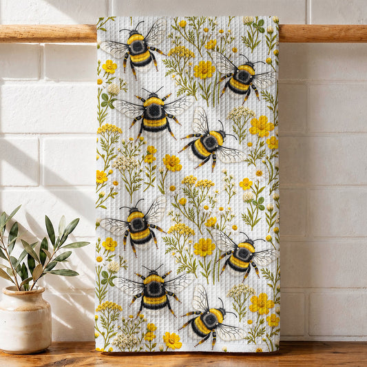 Bee Kitchen Towel Golden Bumblebees & Wildflower Meadow