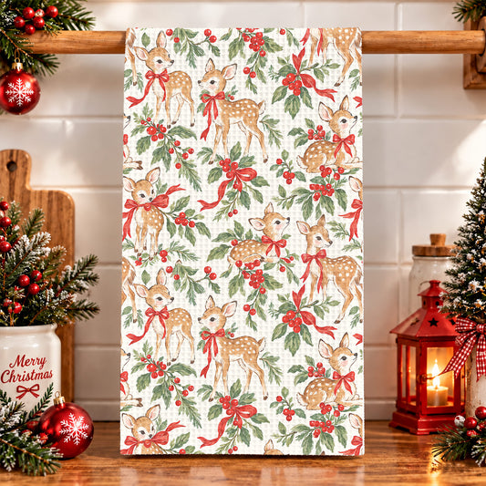 Christmas Kitchen Towel Holly Jolly Fawns