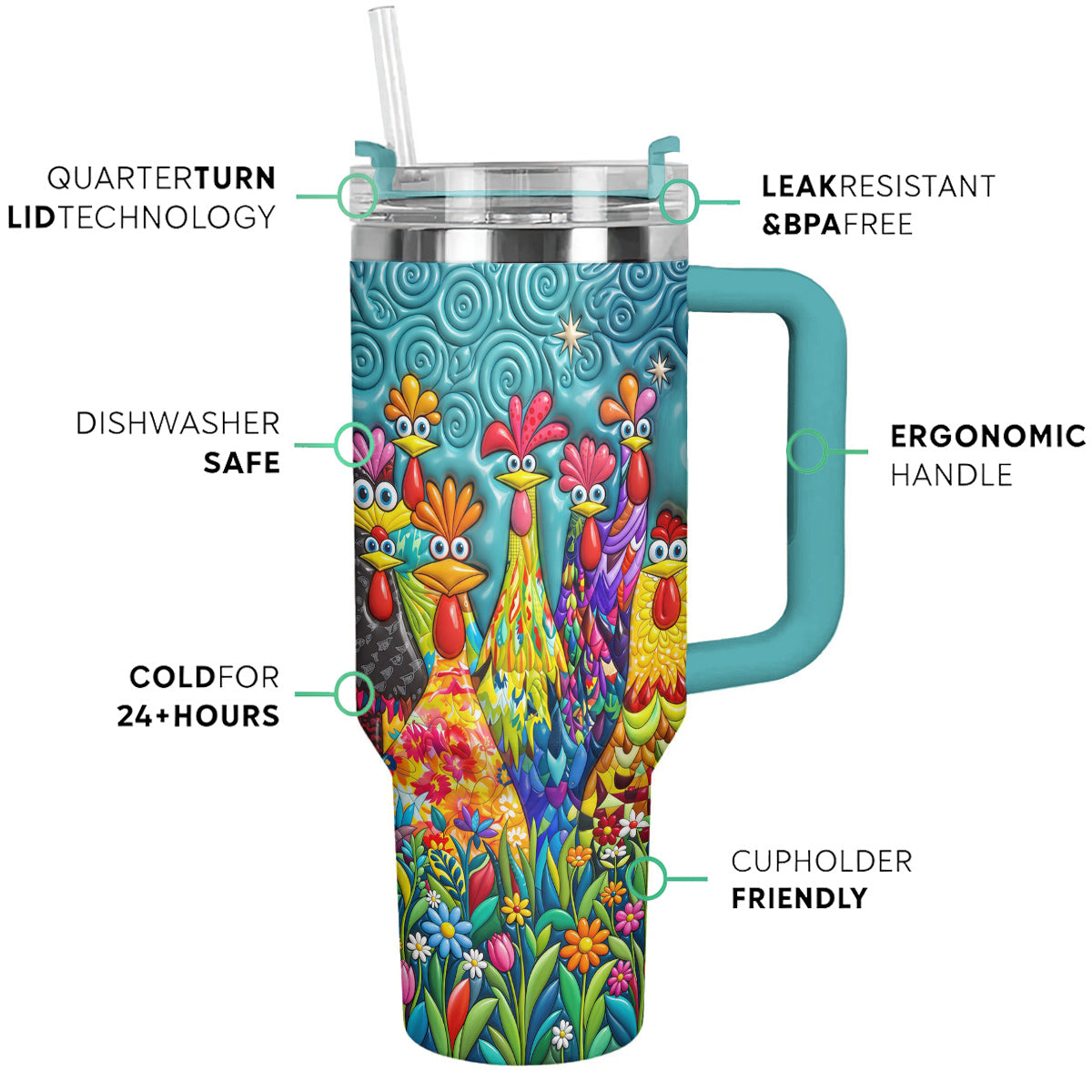 Chicken 40 oz Tumbler Colorful Chicken Garden