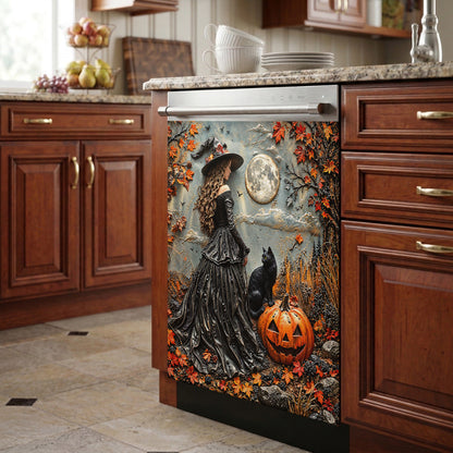 Witch Magnetic Dishwasher Cover Moonlit Witch and Cat in Autumn Forest