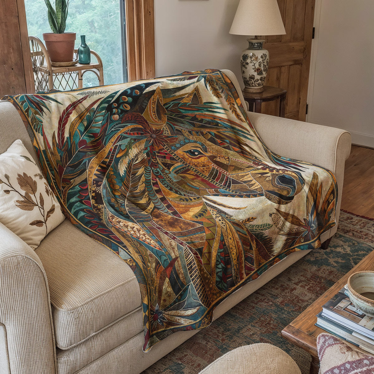 Boho Western Horse Fleece Blanket Harvest Wind Horse