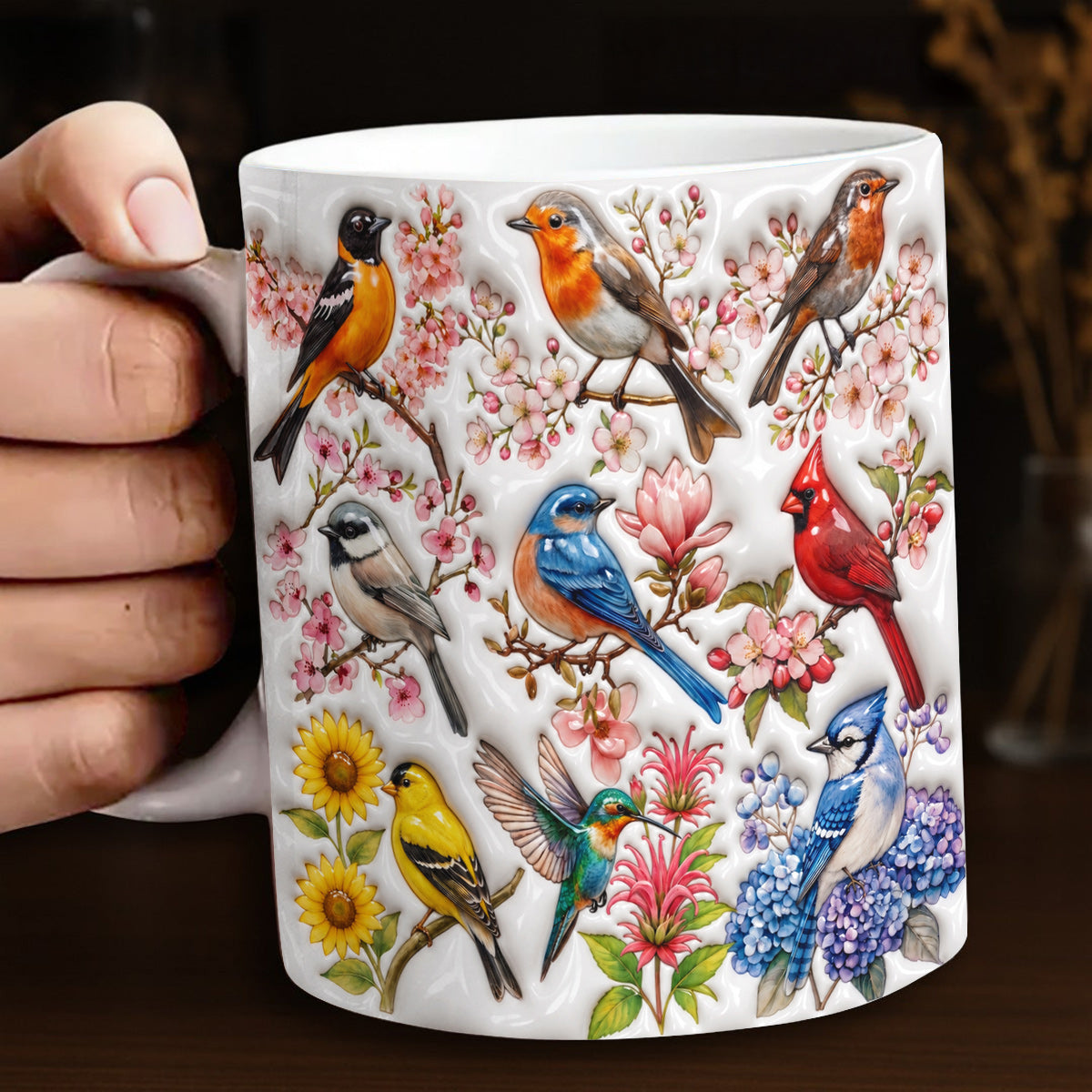 Bird Lovers Ceramic Mug Puffy Spring Birds Blossom Garden