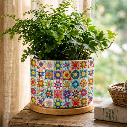 Sewing Lover Ceramic Plant Pot with Bamboo Tray Colorful Star Quilt Blocks