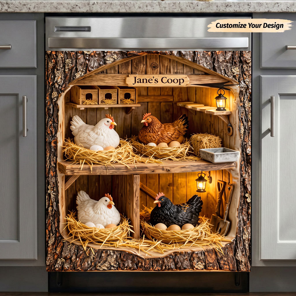 Chicken Magnetic Dishwasher Personalized Cover Rustic Chicken Coop & Nesting Hens