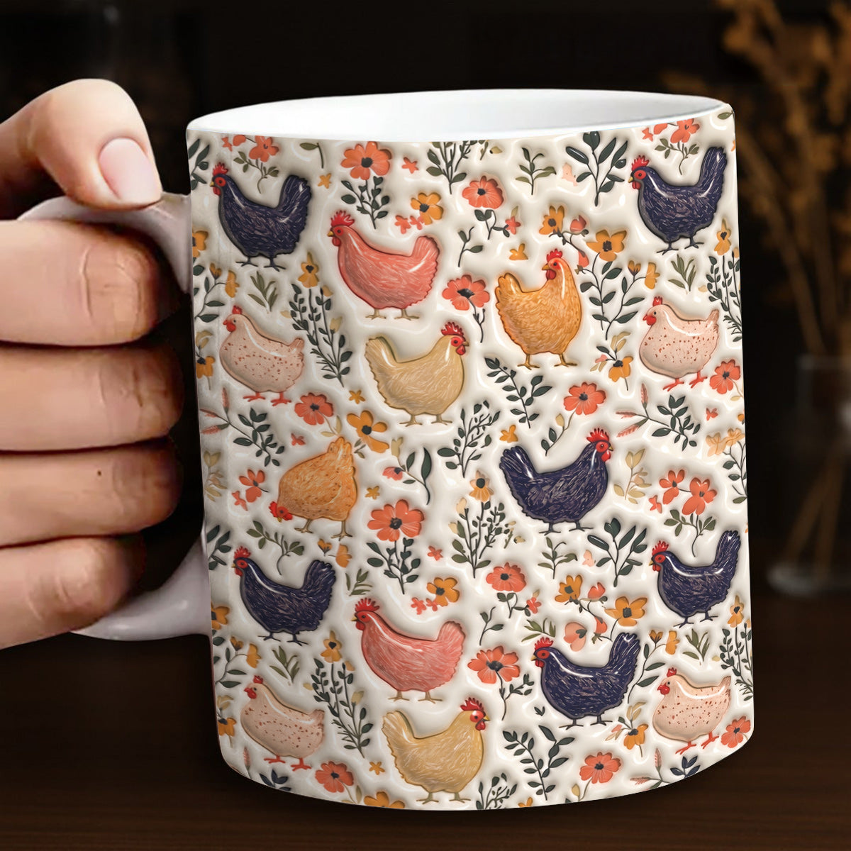 Chicken Ceramic Mug Farmyard Chickens In Bloom