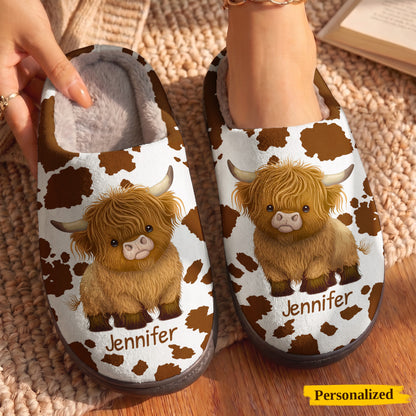 Highland Cow Fleece Lined Slippers Personalized Cowhide Spots