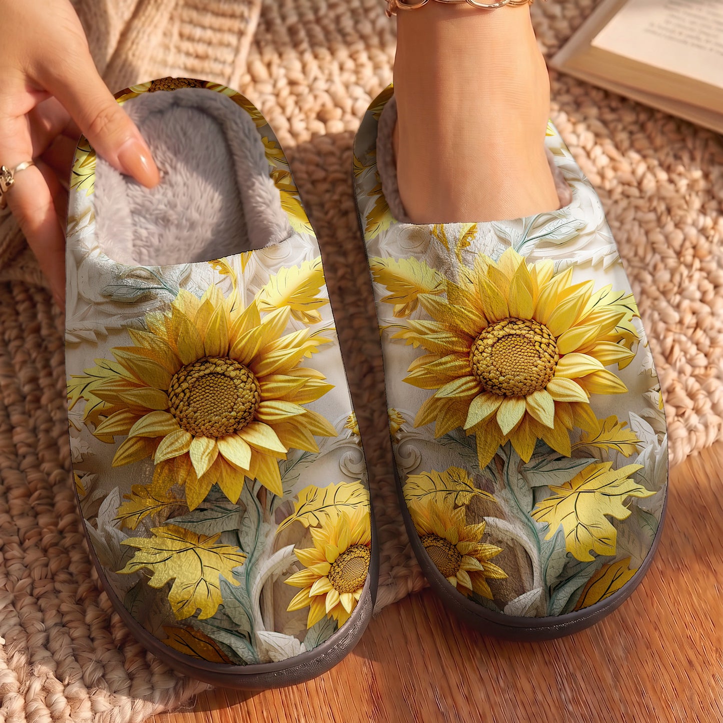 Sunflower Fleece Lined Slippers Golden Sunflower Garden