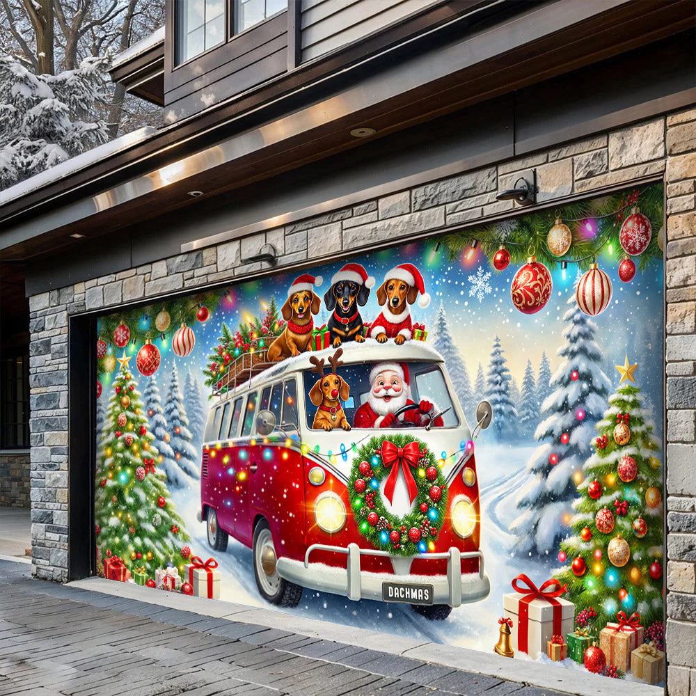 Christmas Garage Door Banner Decoration - Santa's Dachshund Christmas Road Trip