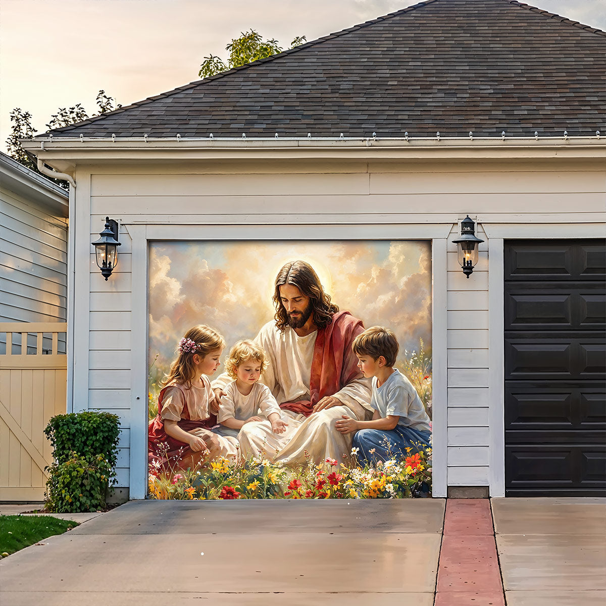 God Garage Door Banner Decoration - Jesus and the Little Ones In the Wildflower Meadow