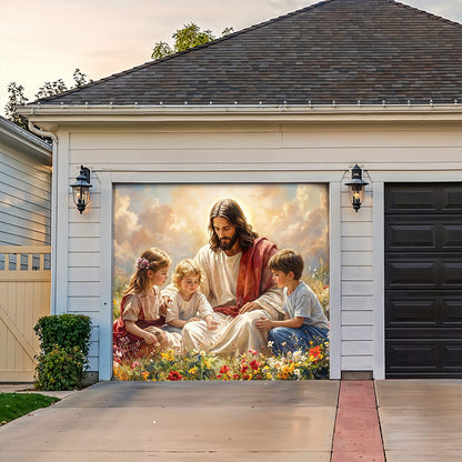 God Garage Door Banner Decoration - Jesus and the Little Ones In the Wildflower Meadow
