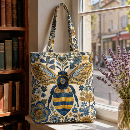 Bee Canvas Tote Bag Golden Bee in Blue Blooms