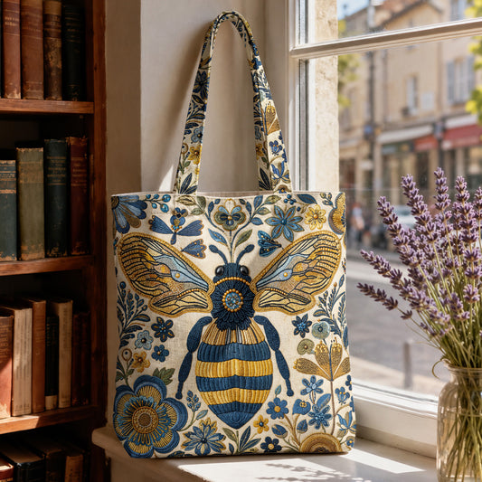 Bee Canvas Tote Bag Golden Bee in Blue Blooms