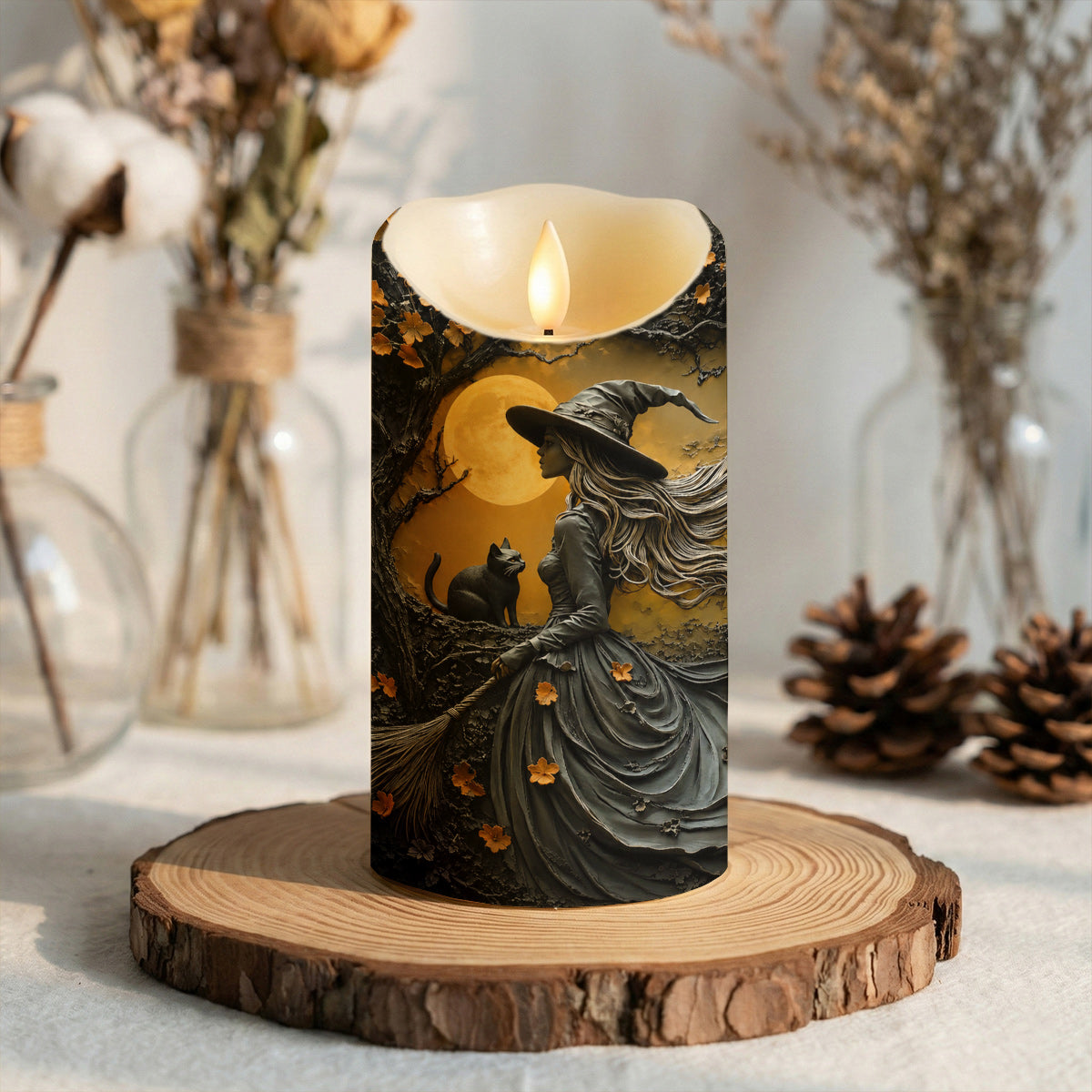 Witch Beneath the Autumn Moon LED Candle Halloween Décor