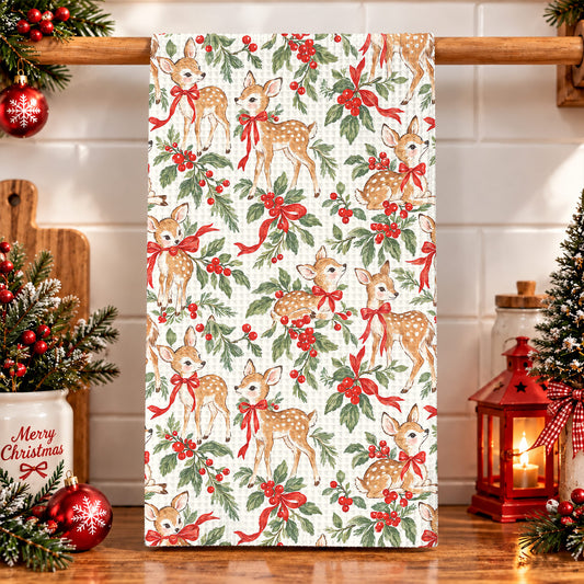 Christmas Kitchen Towel Holly Jolly Fawns
