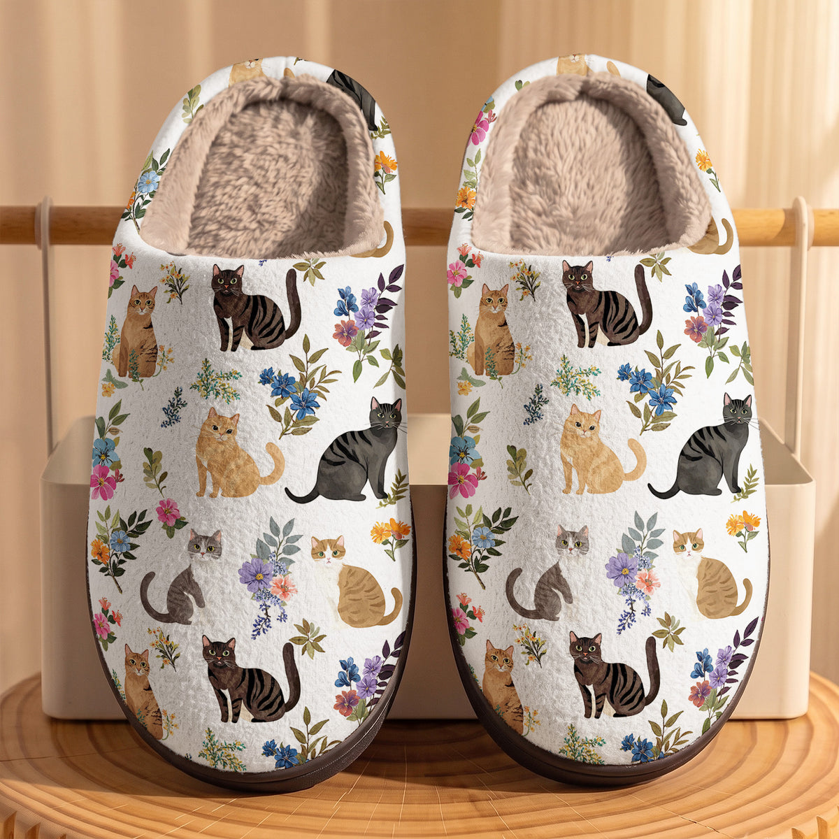 Cat Fleece Lined Slippers Cute Floral Cats