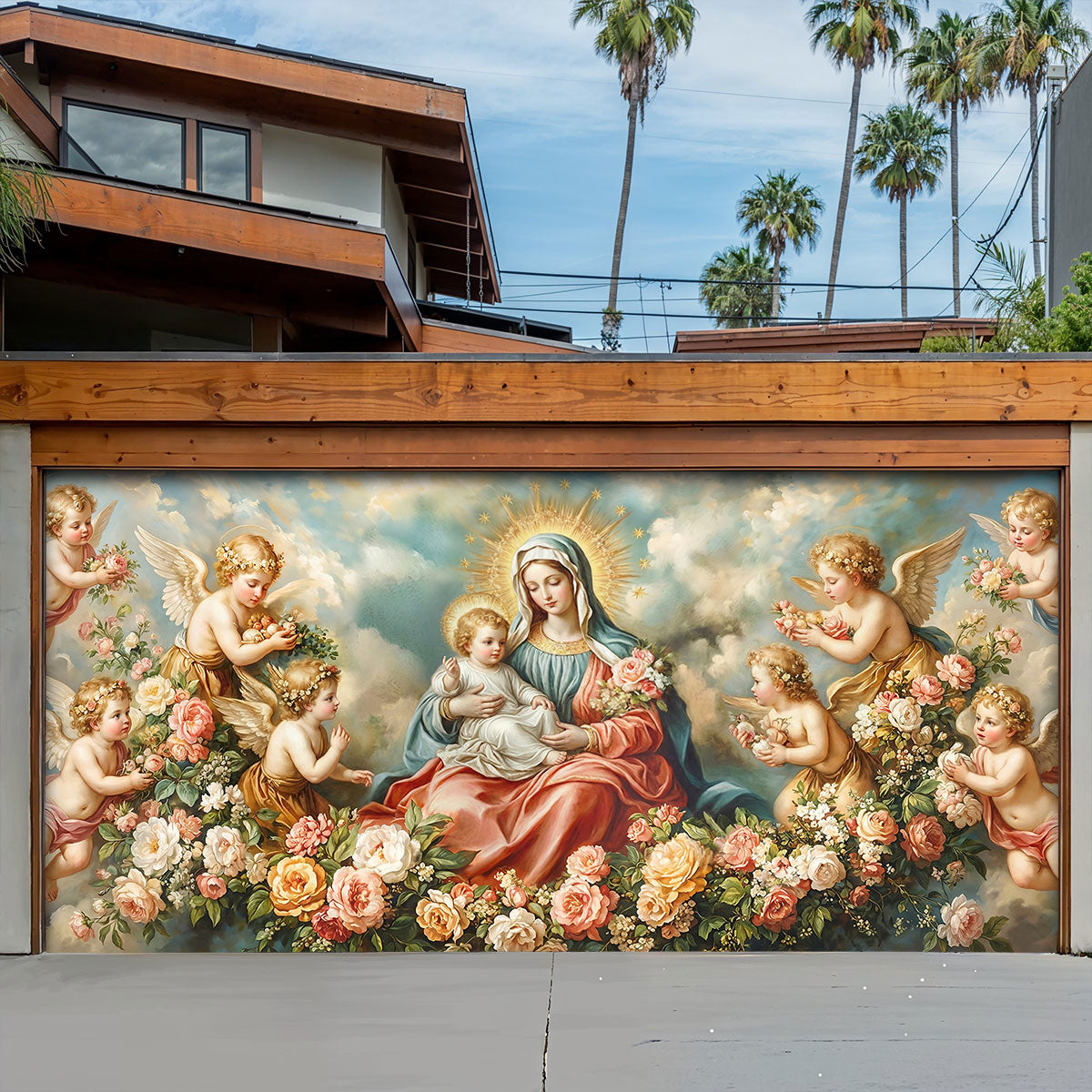 Virgin Mary Garage Door Banner Decoration - Divine Motherhood in a Garden of Angels