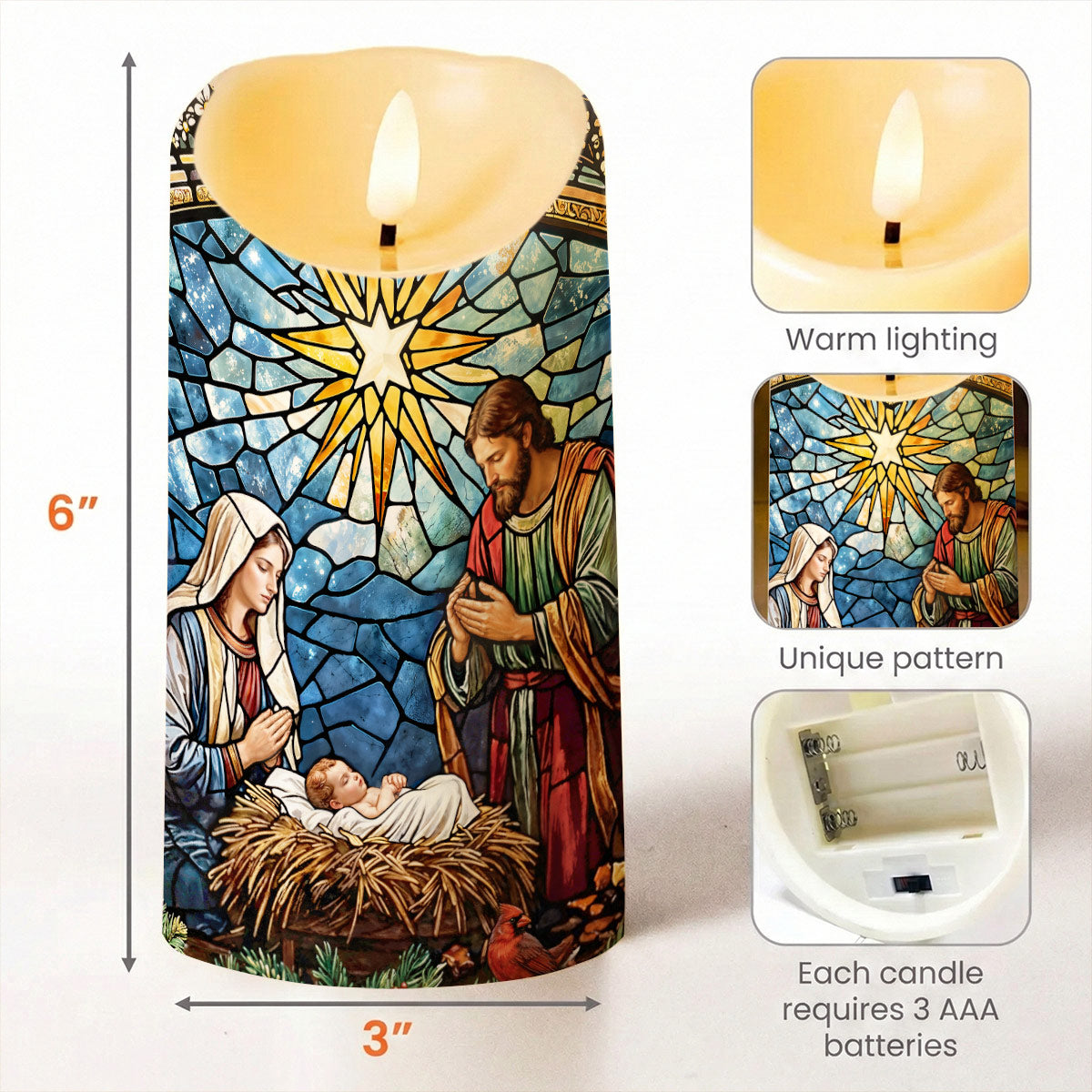 God LED Candle The Holy Night in Stained Glass
