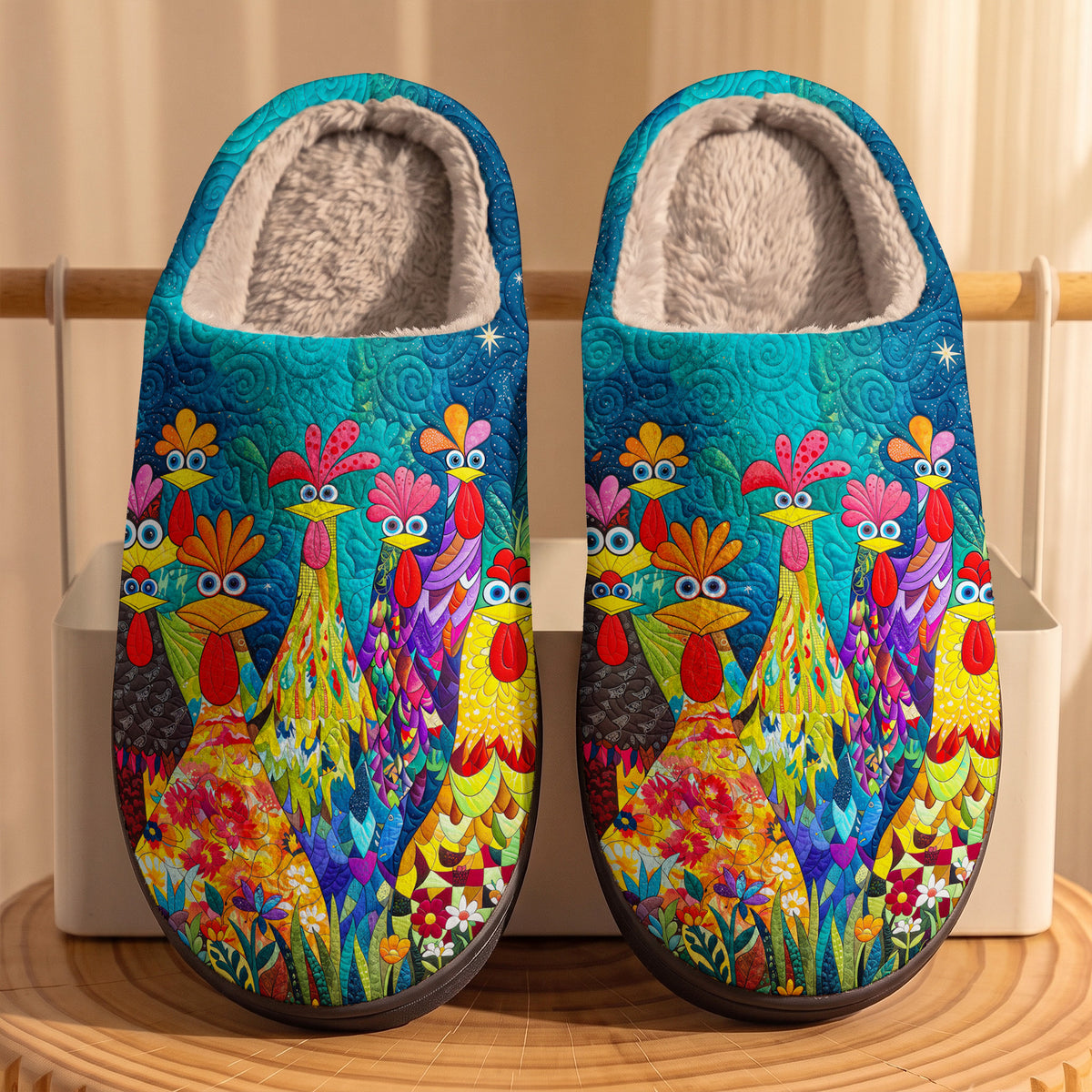 Chicken Fleece Lined Slippers Colorful Chicken Garden