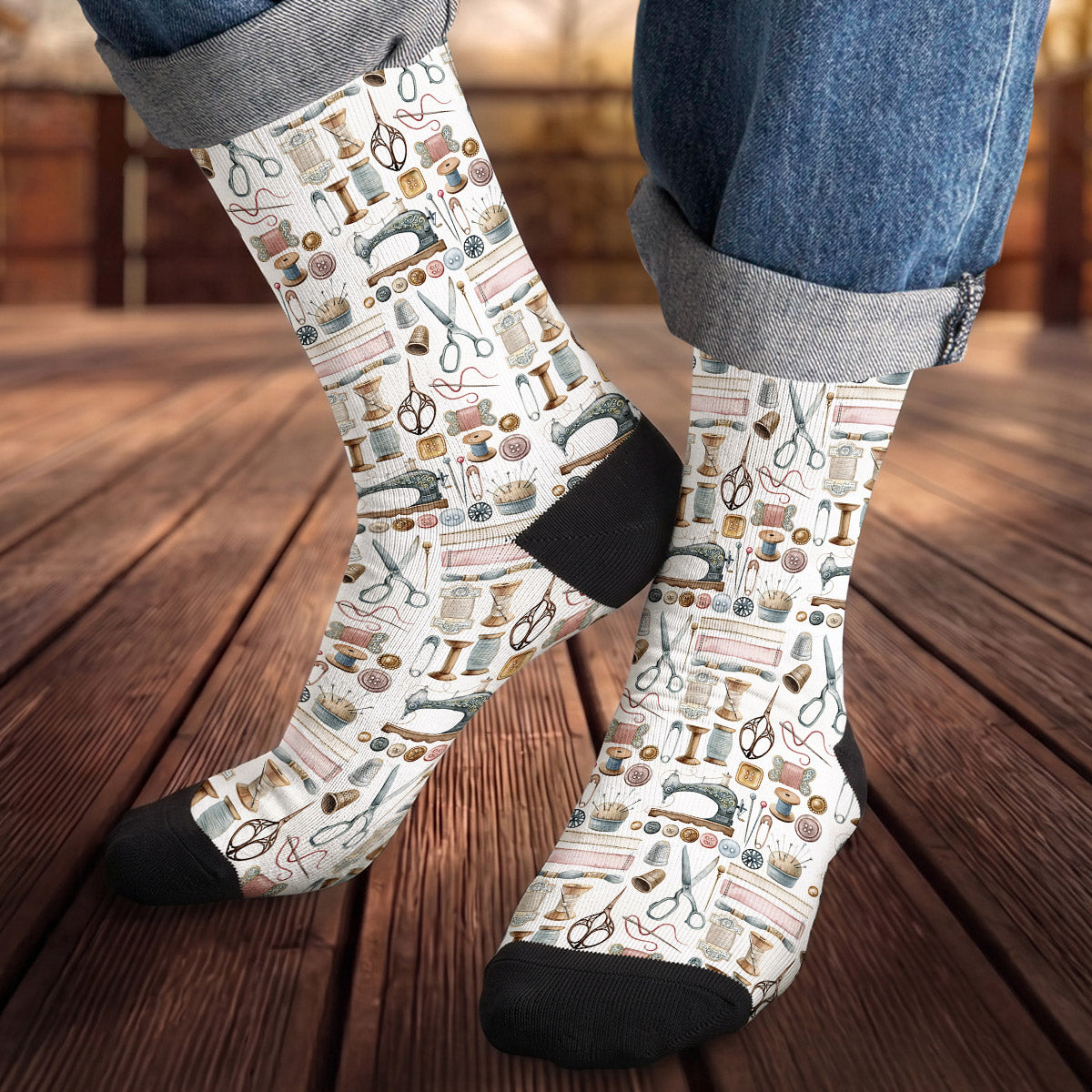 Sewing Lover Crew Socks Vintage Sewing Tools
