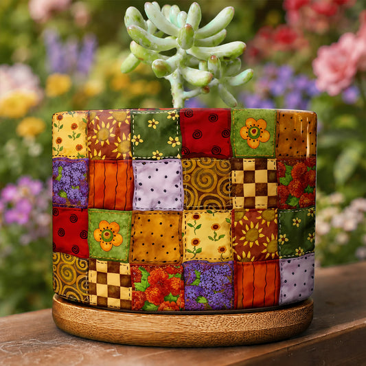 Autumn Quilt Blooms Ceramic Plant Pot with Bamboo Tray