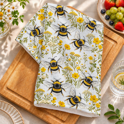 Bee Kitchen Towel Golden Bumblebees & Wildflower Meadow