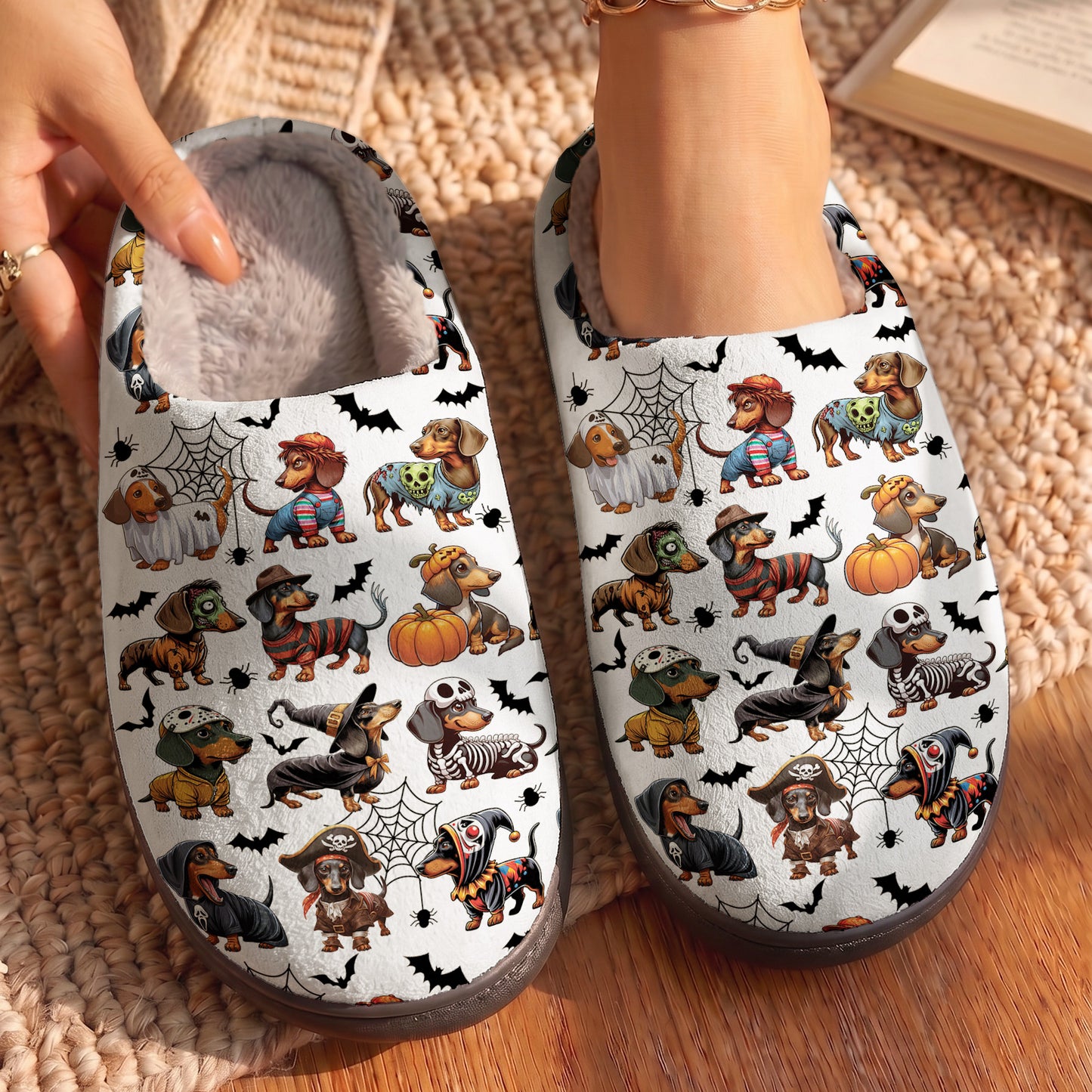 Dachshund Halloween Fleece Lined Slippers Spooky Sausage Squad