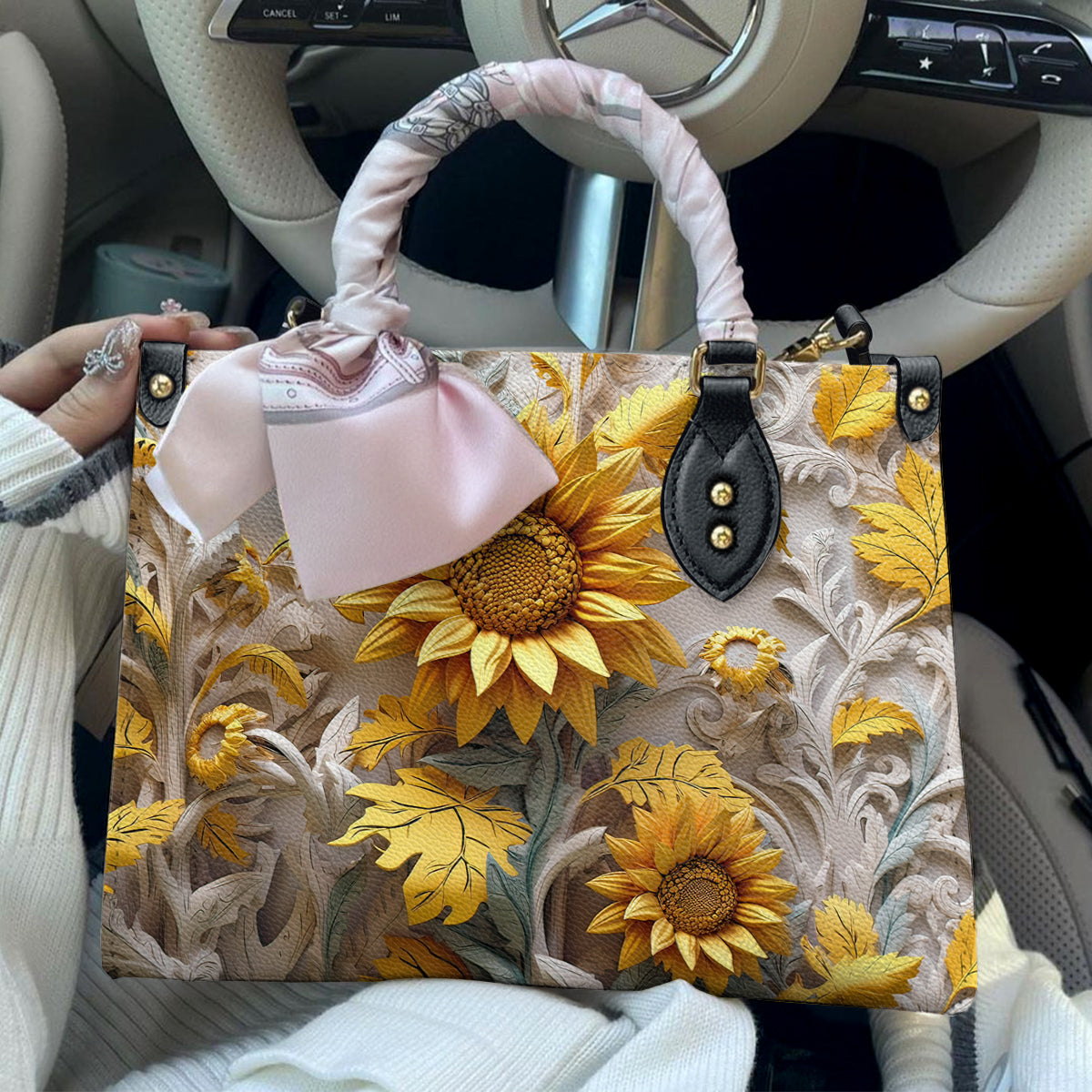 Sunflower Leather Handbag Golden Sunflower Garden