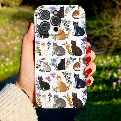 Cat Leather Phone Case Charming Floral Cats