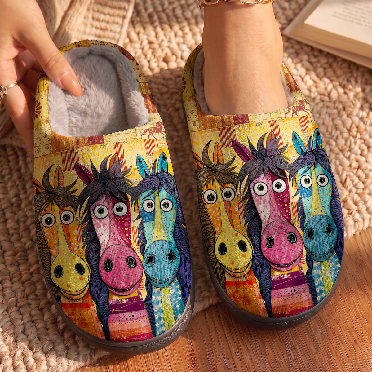 Whimsical Horses Fleece Lined Slippers