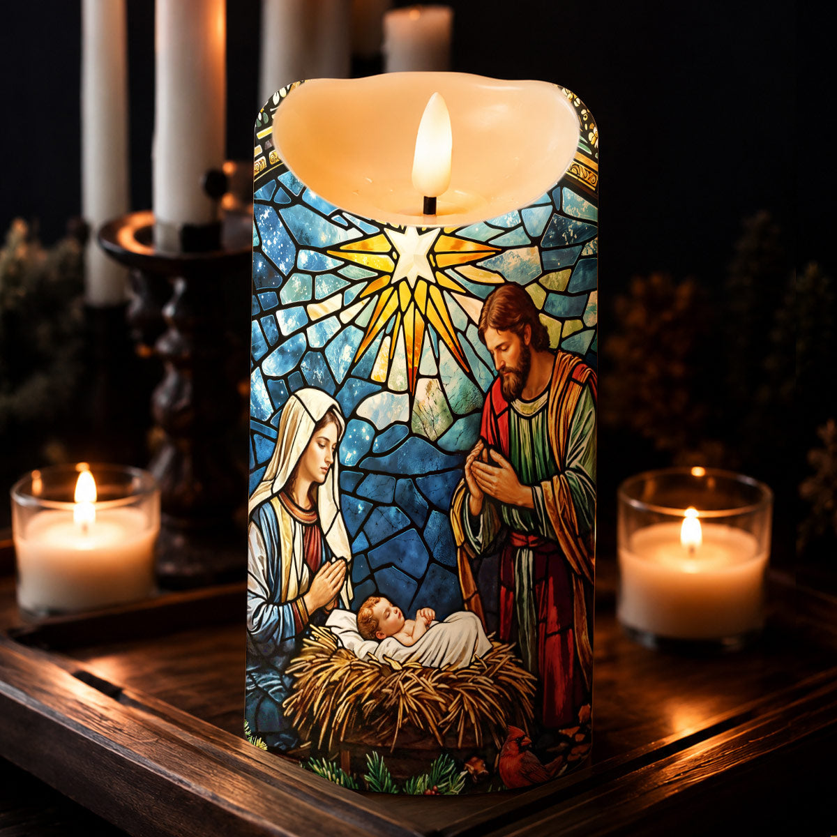 God LED Candle The Holy Night in Stained Glass