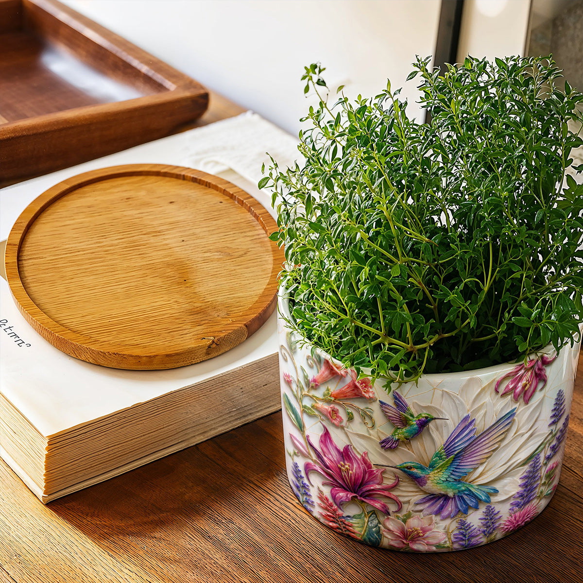 Hummingbird Ceramic Plant Pot with Bamboo Tray Hummingbird Garden Bloom Harmony