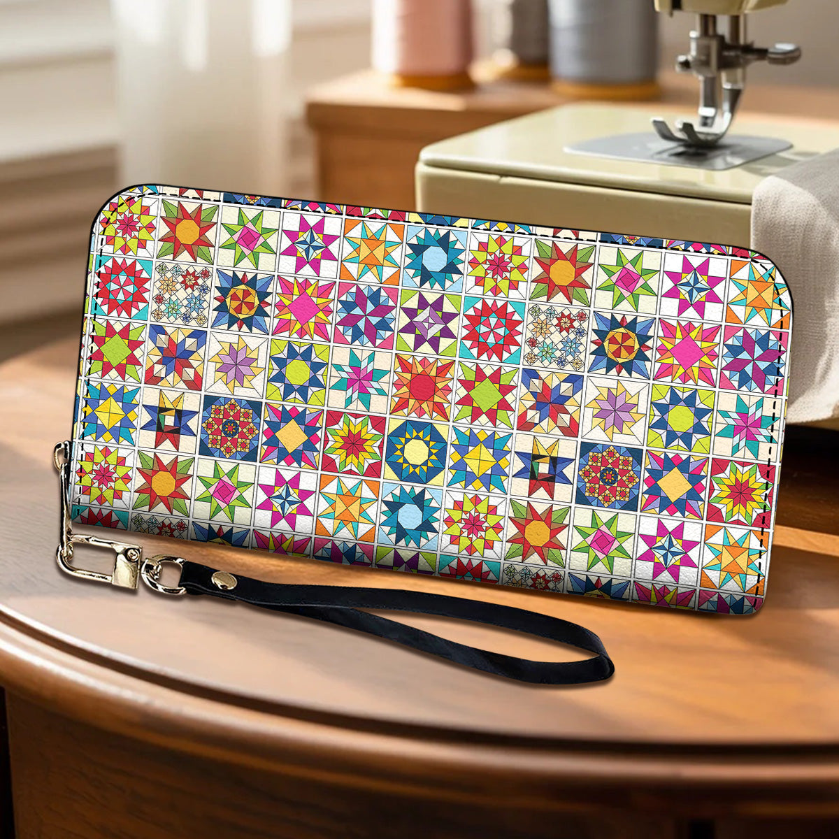 Sewing Lover Leather Wallet Colorful Quilt Blocks