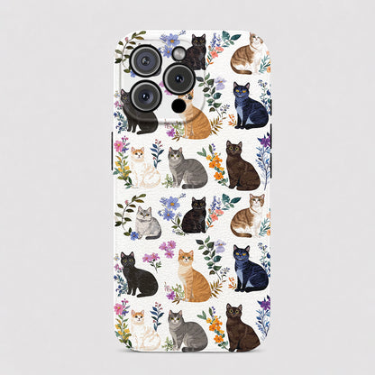 Cat Leather Phone Case Charming Floral Cats