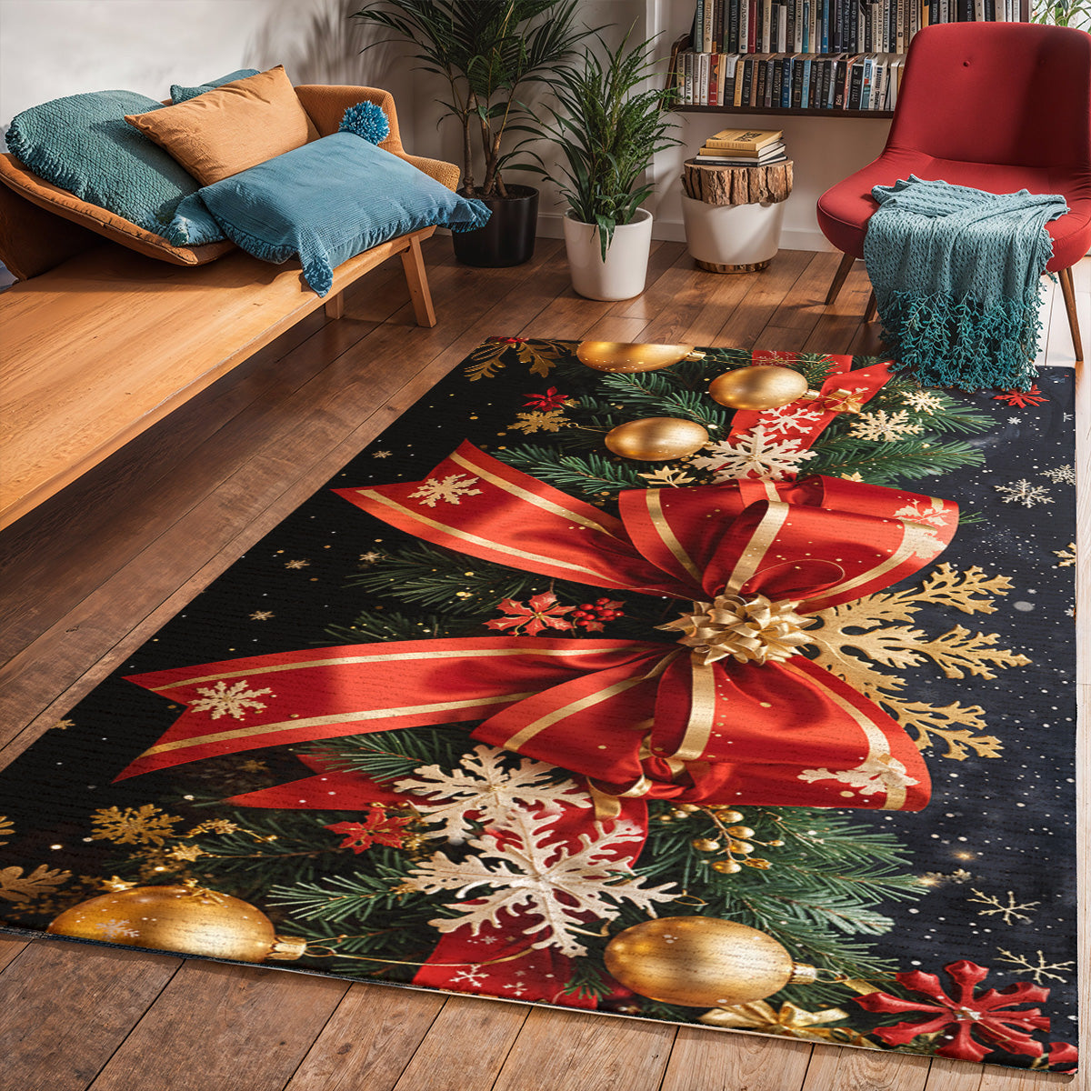 Christmas Area Rug Red Ribbon Magic Wrapped in Joy