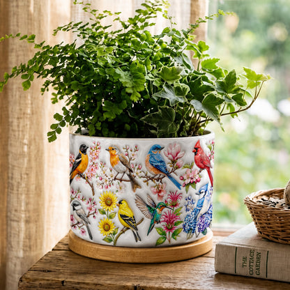 Bird Lovers Ceramic Plant Pot with Bamboo Tray Spring Birds Blossom Garden