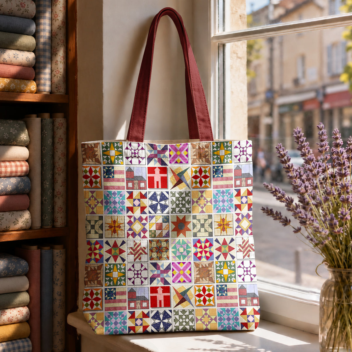 Sewing Lover Canvas Tote Bag Quilt Blocks