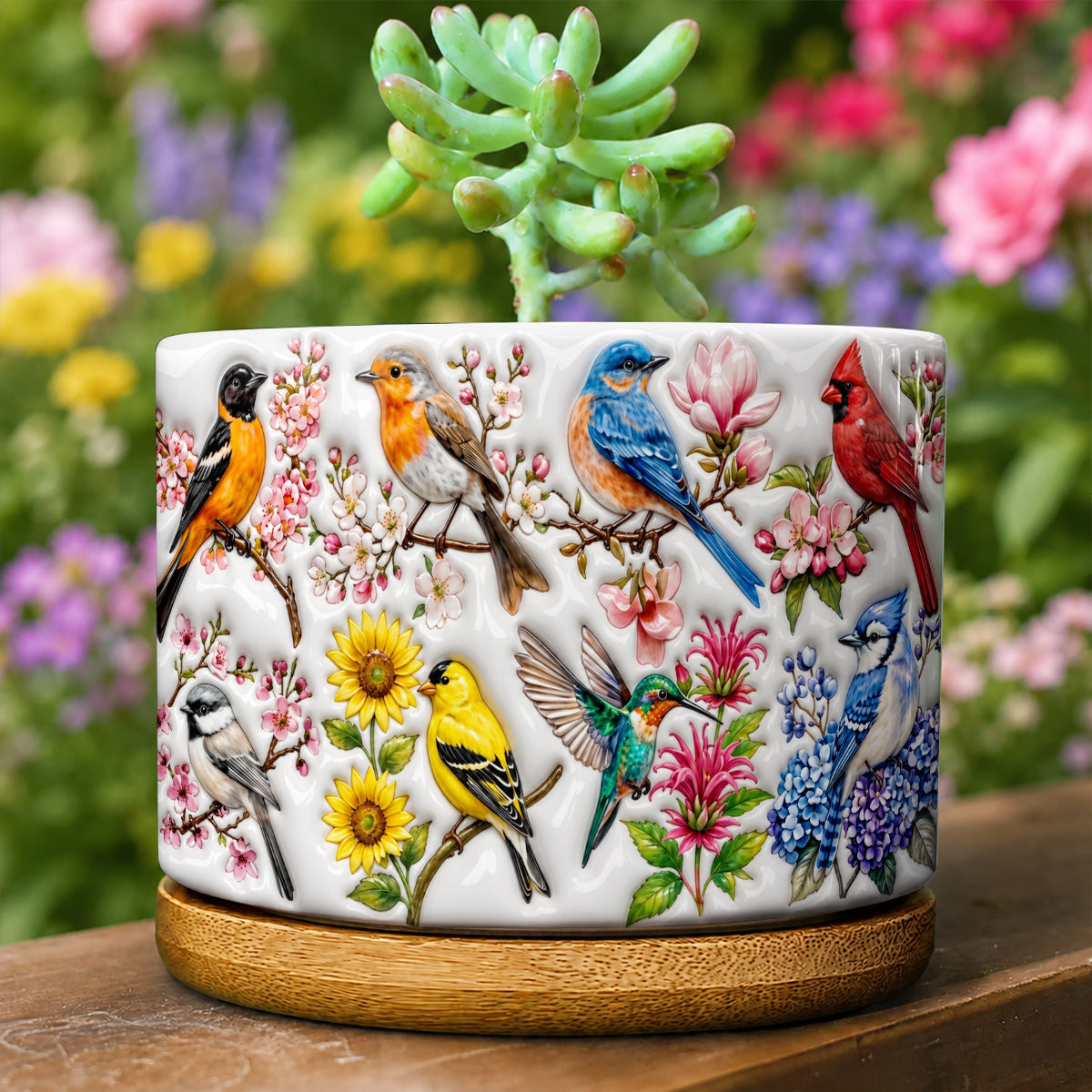 Bird Lovers Ceramic Plant Pot with Bamboo Tray Spring Birds Blossom Garden