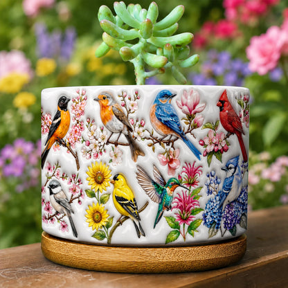 Bird Lovers Ceramic Plant Pot with Bamboo Tray Spring Birds Blossom Garden