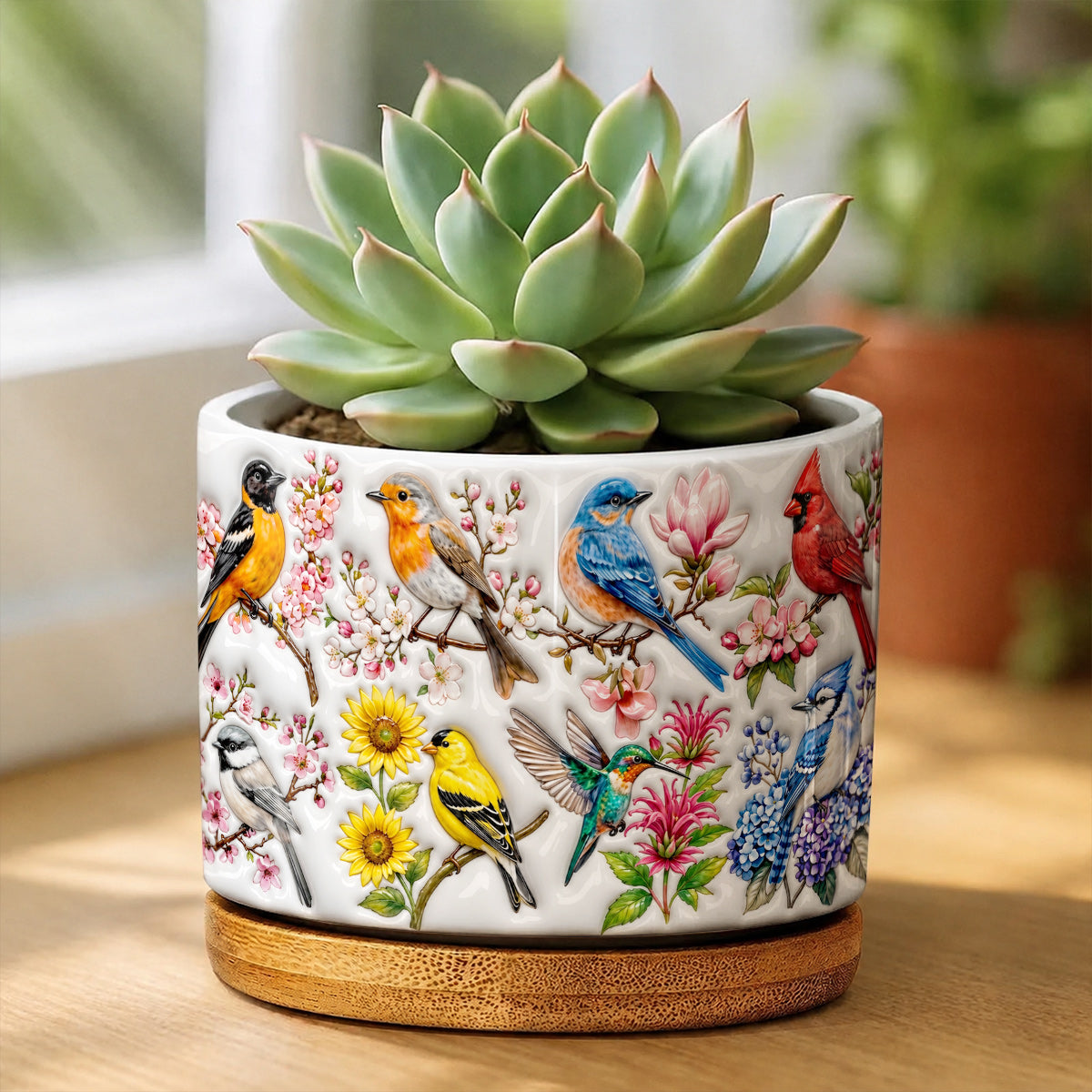 Bird Lovers Ceramic Plant Pot with Bamboo Tray Spring Birds Blossom Garden