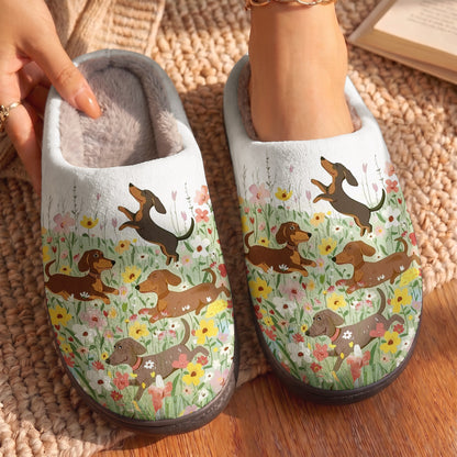 Dachshund Fleece Lined Slippers Happy Dachshunds in Flower Garden
