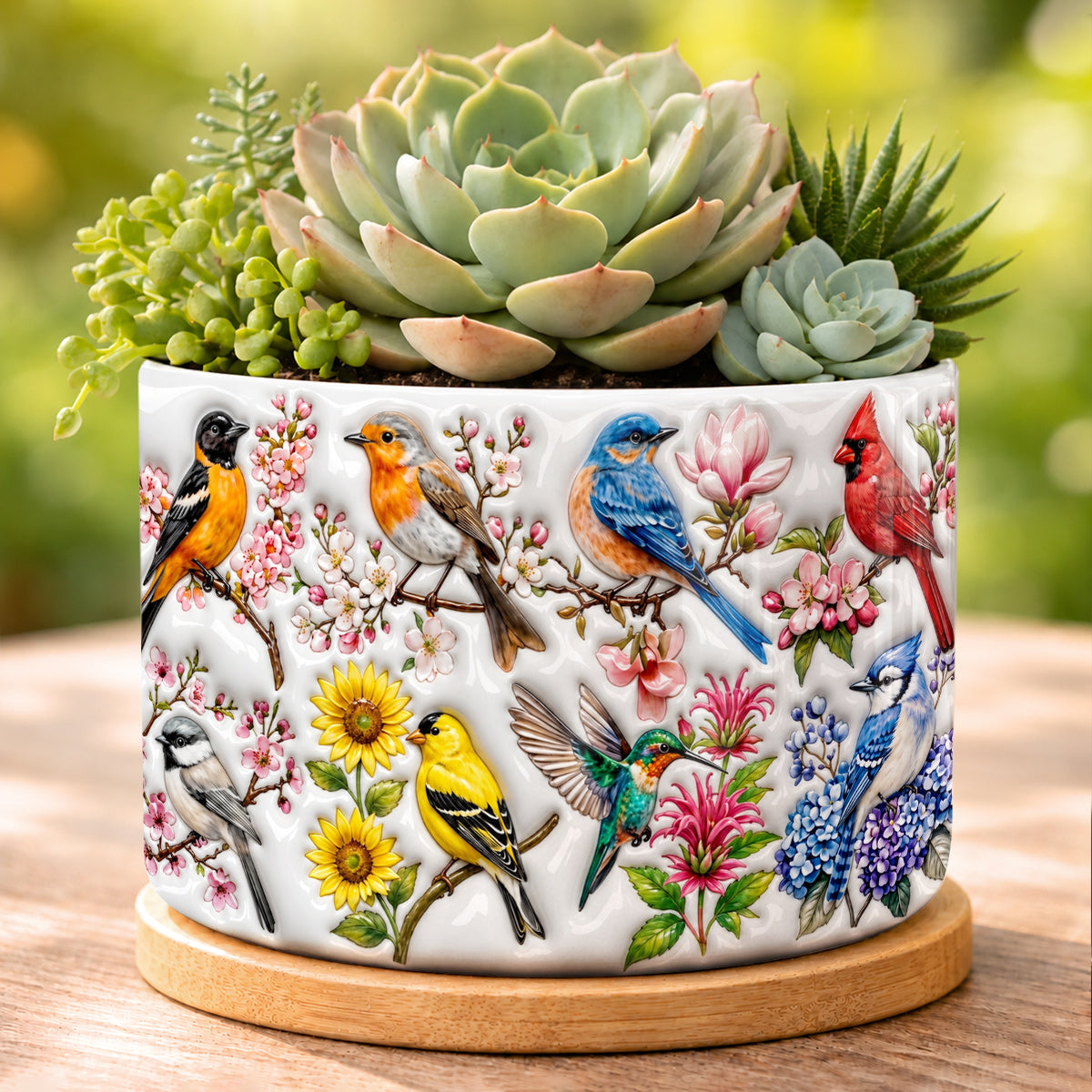 Bird Lovers Ceramic Plant Pot with Bamboo Tray Spring Birds Blossom Garden