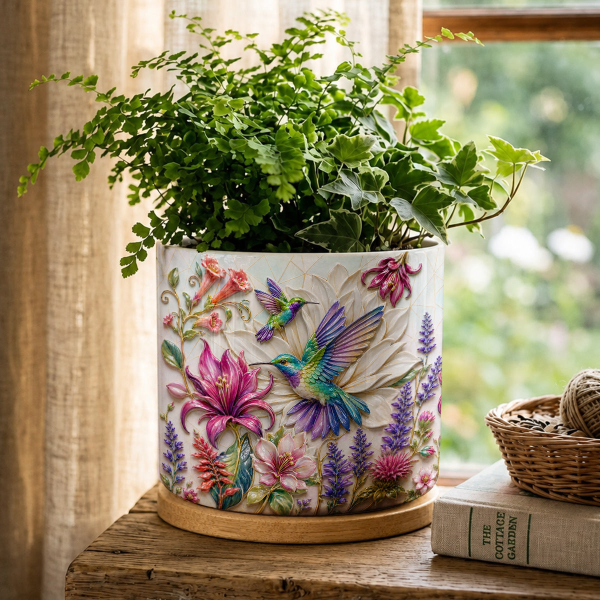 Hummingbird Ceramic Plant Pot with Bamboo Tray Hummingbird Garden Bloom Harmony
