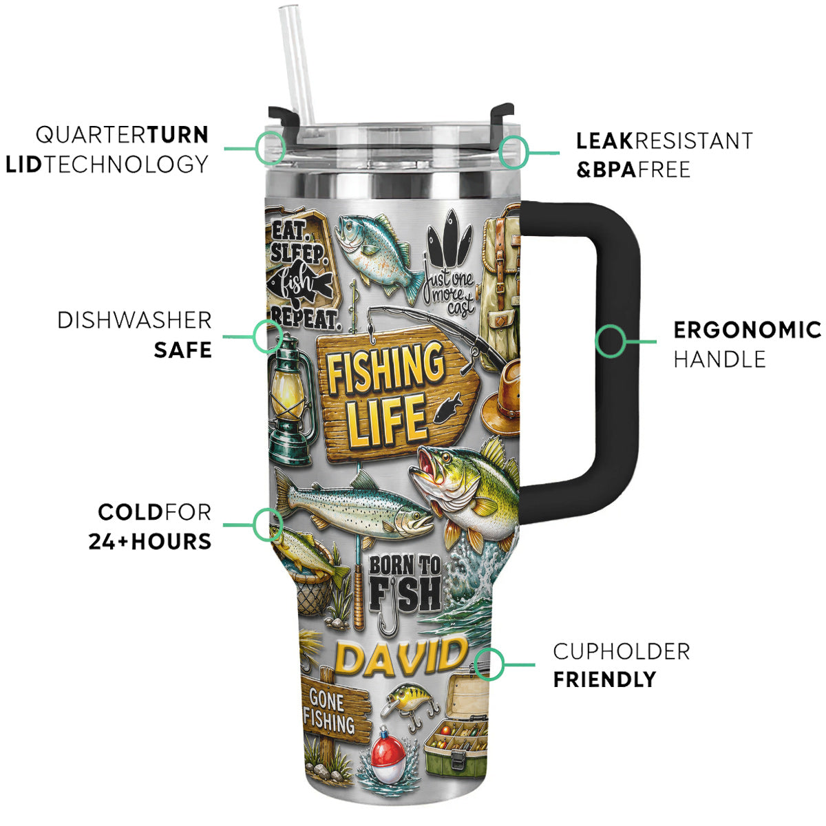 Personalized Fishing Tumbler 40 Oz with Handle – Fisherman Gift, Fishing Lover Travel Mug