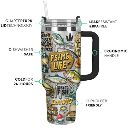 Personalized Fishing Tumbler 40 Oz with Handle – Fisherman Gift, Fishing Lover Travel Mug