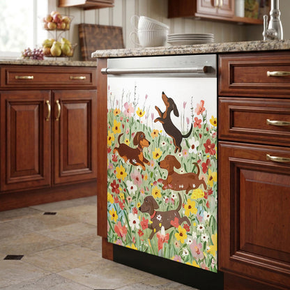 Dachshund Magnetic Dishwasher Cover Happy Dachshunds in Flower Garden