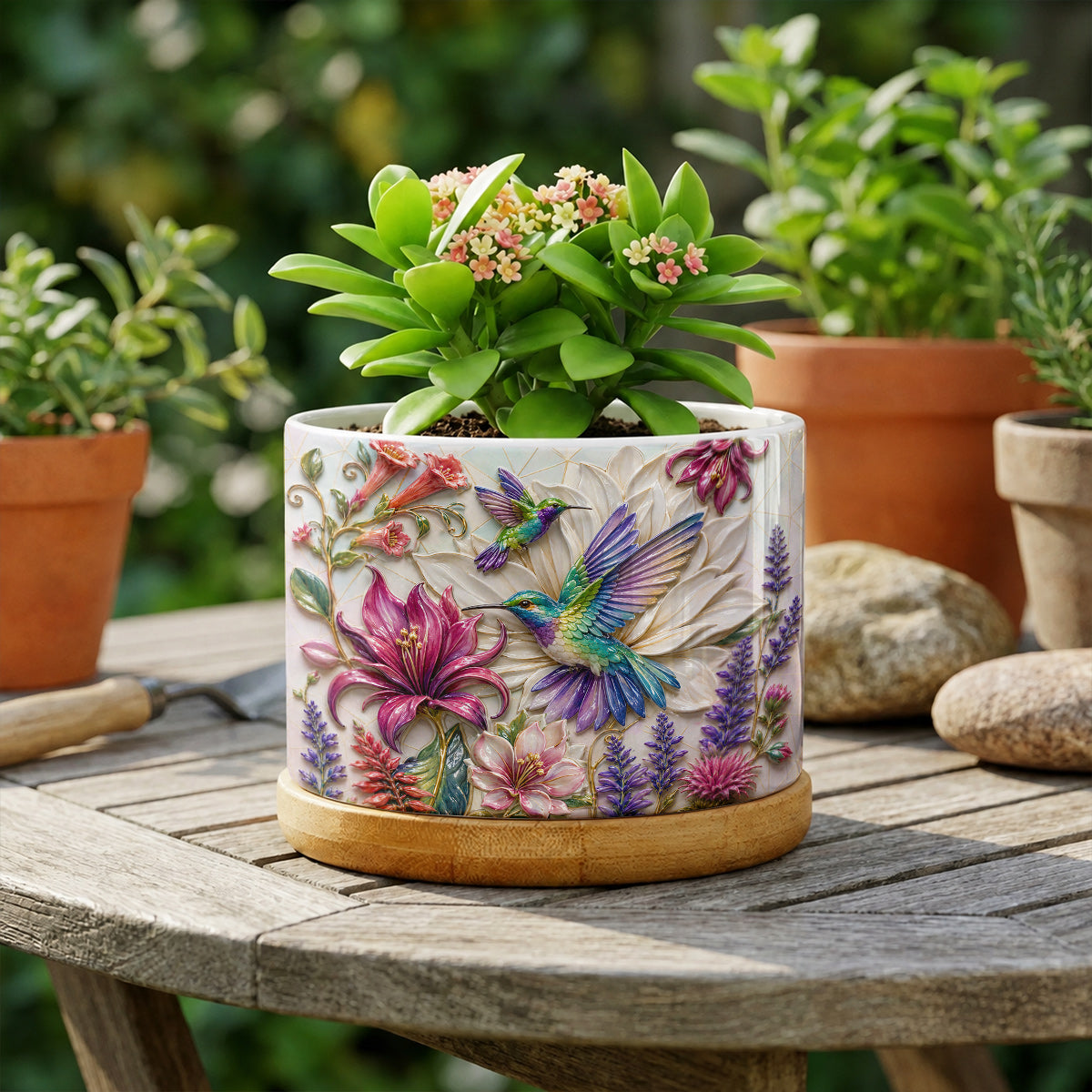 Hummingbird Ceramic Plant Pot with Bamboo Tray Hummingbird Garden Bloom Harmony