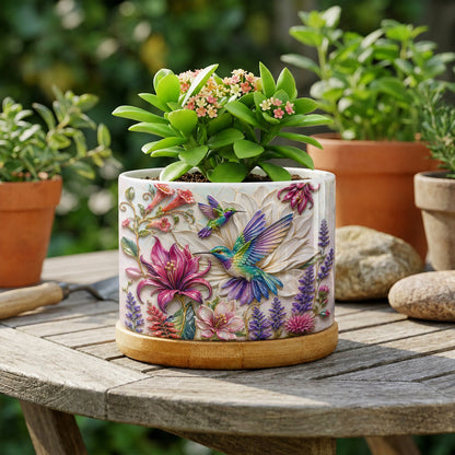 Hummingbird Ceramic Plant Pot with Bamboo Tray Hummingbird Garden Bloom Harmony