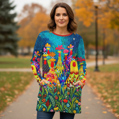 Chicken Long Sleeve Tunic With Pockets Colorful Chicken Garden