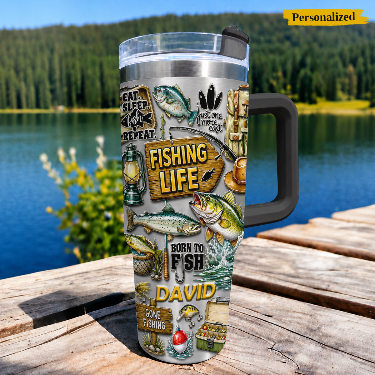 Personalized Fishing Tumbler 40 Oz with Handle – Fisherman Gift, Fishing Lover Travel Mug